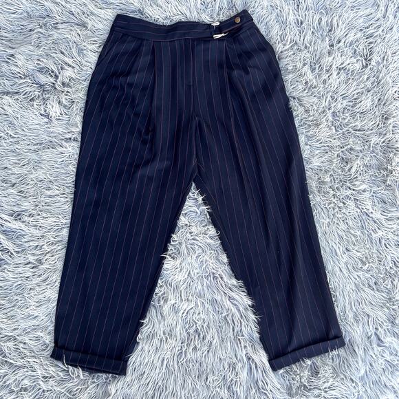 Topshop Pants - Topshop Navy Pink Pinstripe Belted Cropped High Waist Trouser Pants Womens 8